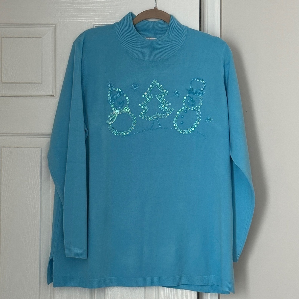 Quacker Factory 1X Turquoise Blue Embellished Christmas Winter Sweater Knit Soft
